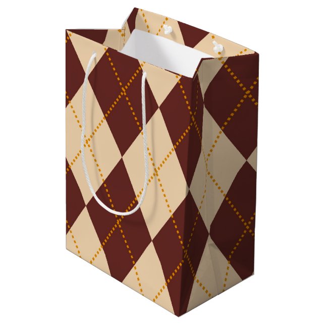 Brown Beige Autumn Fall Argyle Diamond Pattern  Medium Gift Bag (Back Angled)