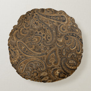 Brown, Beige & Black Floral Paisley Pattern Round Cushion