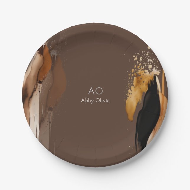 Brown beige black gold watercolor paper plate (Front)