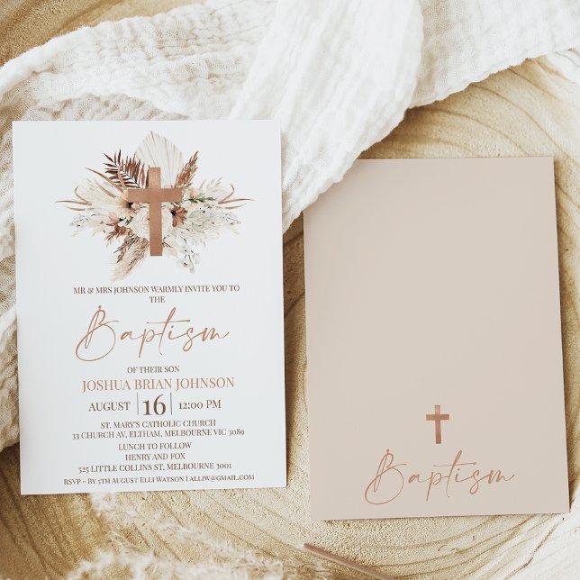 Brown Beige Boho Floral Baptism Invitation (Modern bohemian floral gender neutral baptism invitation also featuring a modern calligraphy font.)