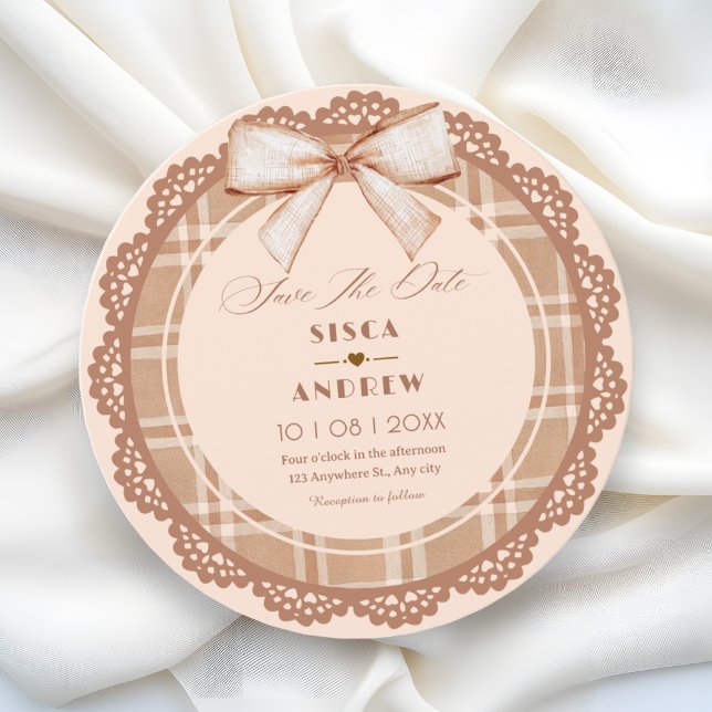 Brown beige bow plaid wedding save the date (Creator Uploaded)