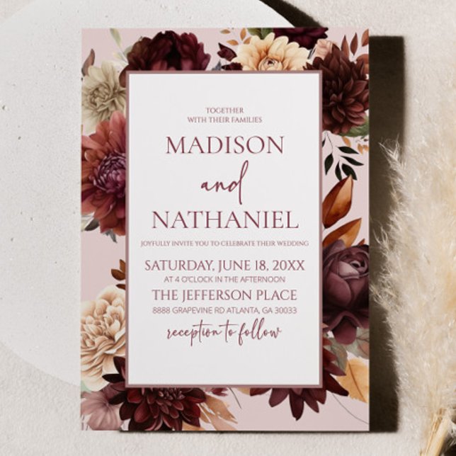 Brown Beige Burgundy Floral Flowers Wedding Invitation (Creator Uploaded)
