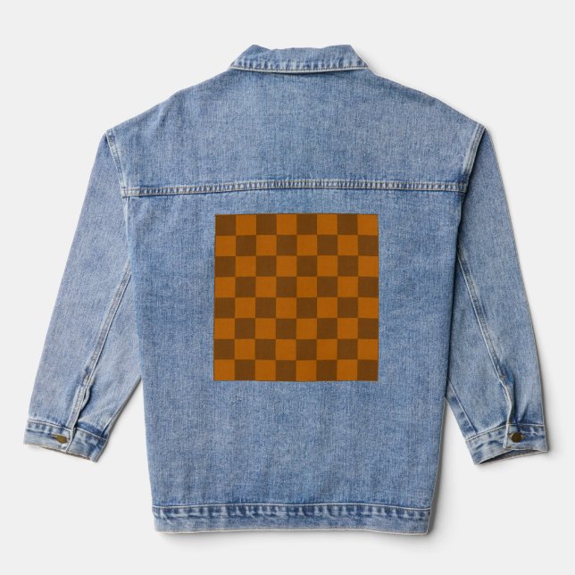 Brown Beige Chequered Block Print  Denim Jacket (Back)