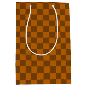 Brown Beige Chequered Block Print Medium Gift Bag
