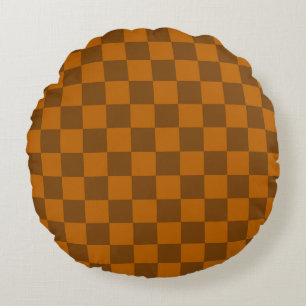 Brown Beige Chequered Block Print  Round Cushion