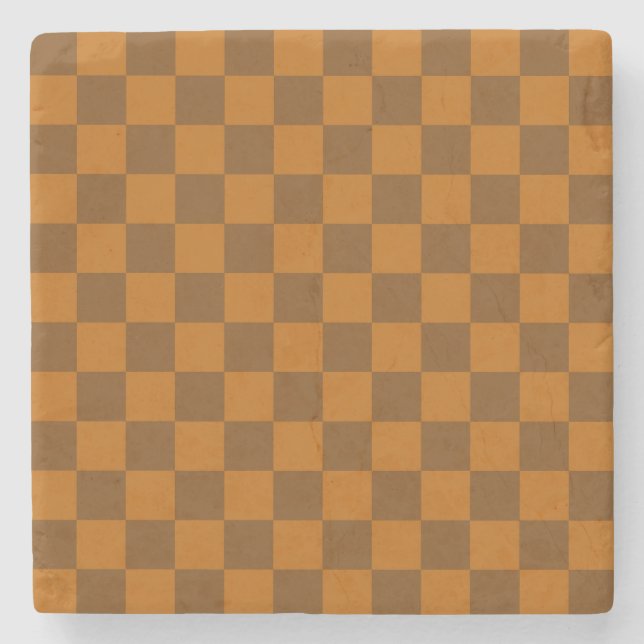 Brown Beige Chequered Block Print  Stone Coaster (Front)