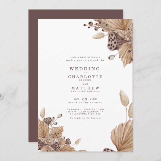 Brown & Beige Dried Foliage Wedding Invitation (Front/Back)
