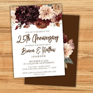 Brown Beige Floral 25th Wedding Anniversary  Invitation