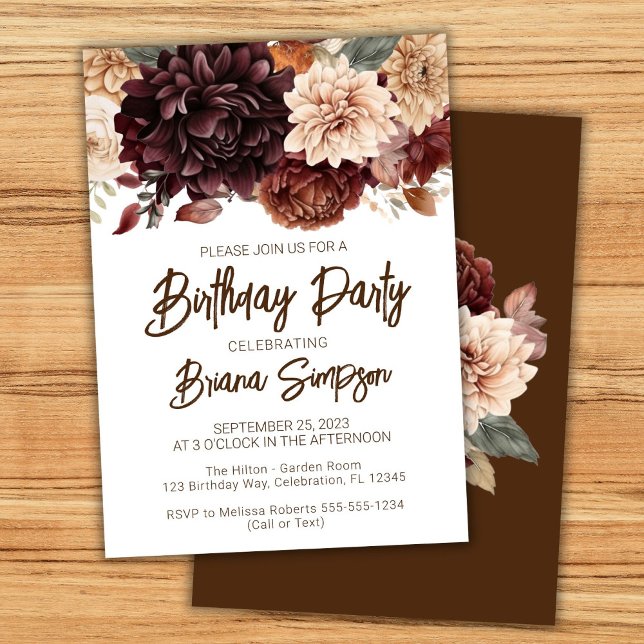 Brown Beige Flowers Birthday Party Invitation (Creator Uploaded)