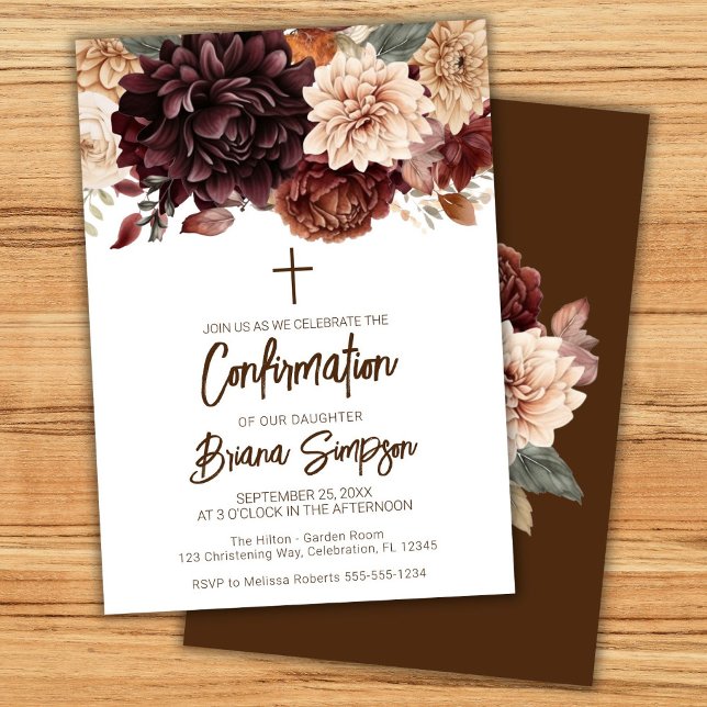Brown Beige Flowers Floral Confirmation Invitation (Creator Uploaded)