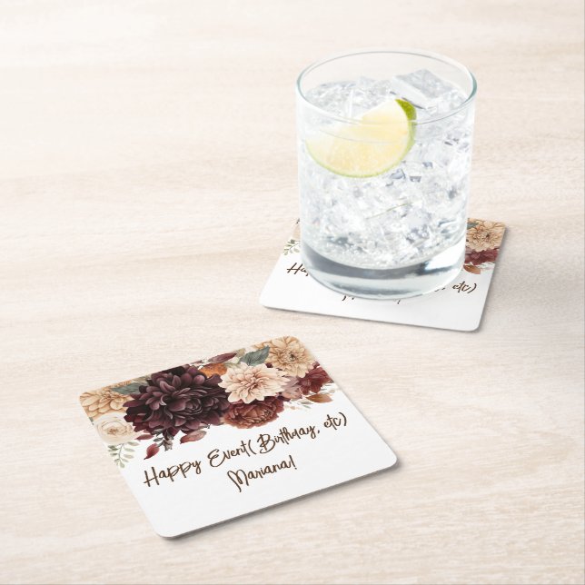 Brown Beige Flowers Floral  Party Square Paper Coaster (Insitu)