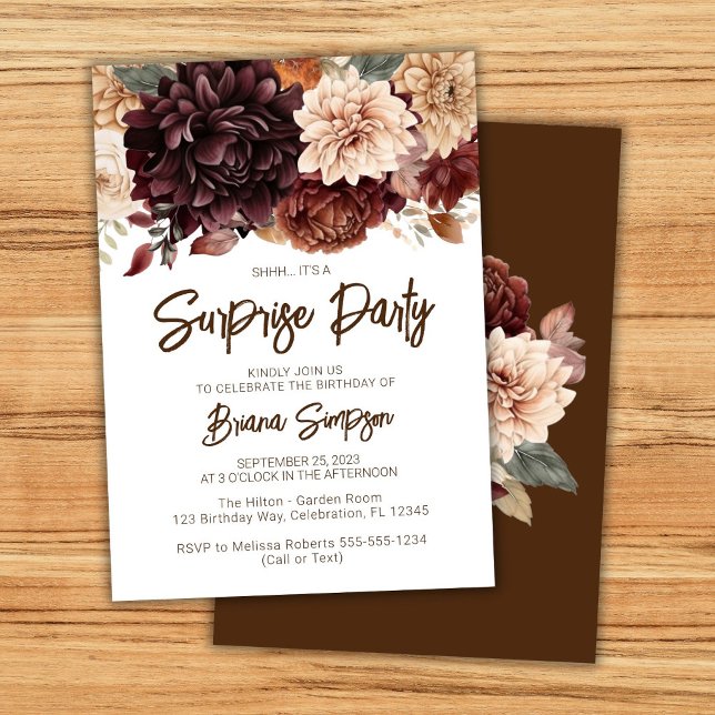 Brown Beige Flowers Surprise Birthday Party Invitation (Creator Uploaded)