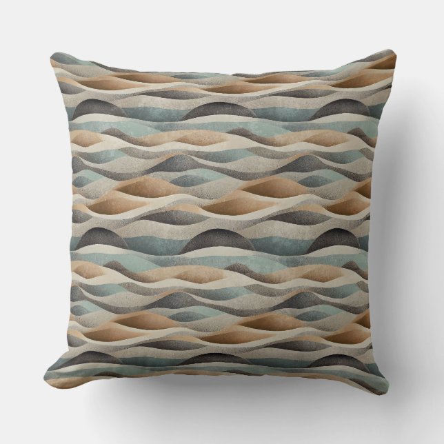 BROWN BEIGE GREEN TEAL ABSTRACT WAVES CUSHION (Front)