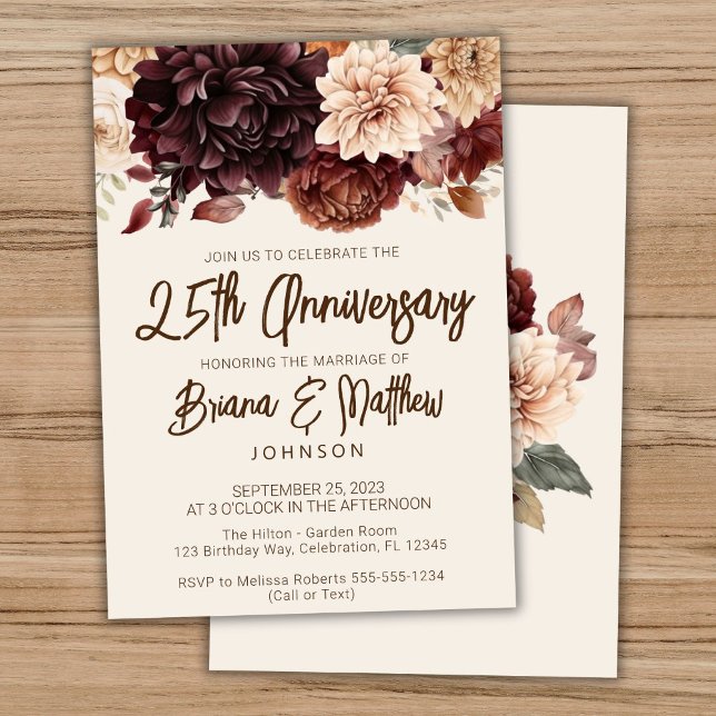 Brown Beige Ivory Floral 25th Wedding Anniversary  Invitation (Creator Uploaded)