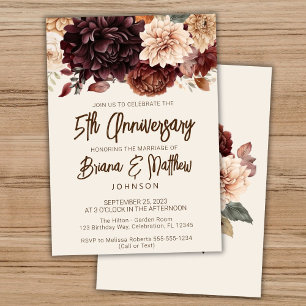 Brown Beige Ivory Floral 5th Wedding Anniversary  Invitation