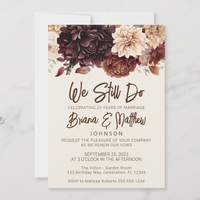 Brown Beige Ivory Floral Wedding Vow Renewal Invitation (Front)