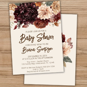 Brown Beige Ivory Flowers Floral Baby Shower Invitation