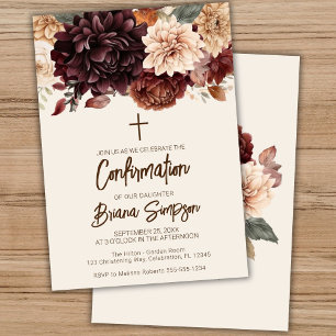 Brown Beige Ivory Flowers Floral Confirmation Invitation