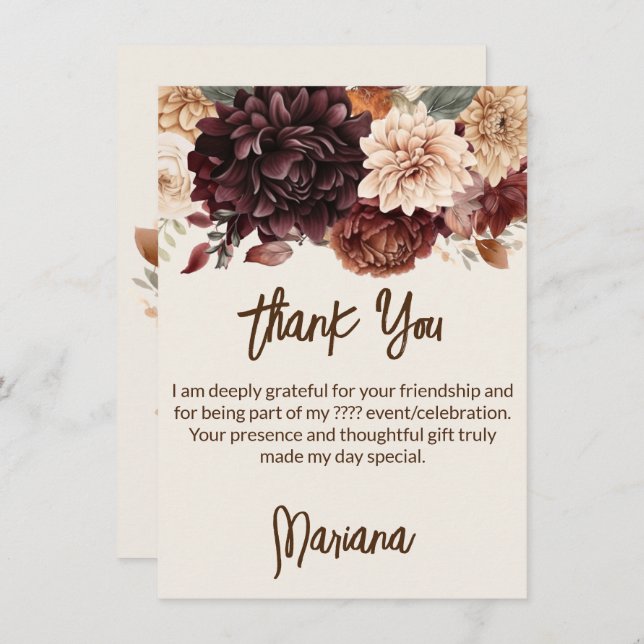 Brown Beige Ivory Flowers Floral Thank You Card (Front/Back)