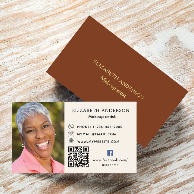 Brown beige photo Qr code social Facebook icon Business Card (Creator Uploaded)