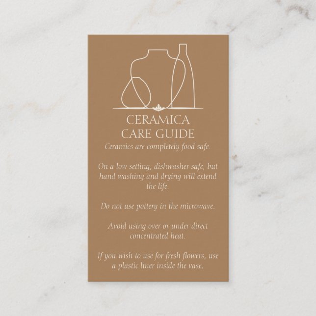 Brown Beige Pottery Vase Ceramic Care Instructions Business Card (Front)