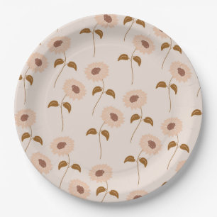 Brown Beige Retro Y2K Hippie Sunflower Pattern Paper Plate