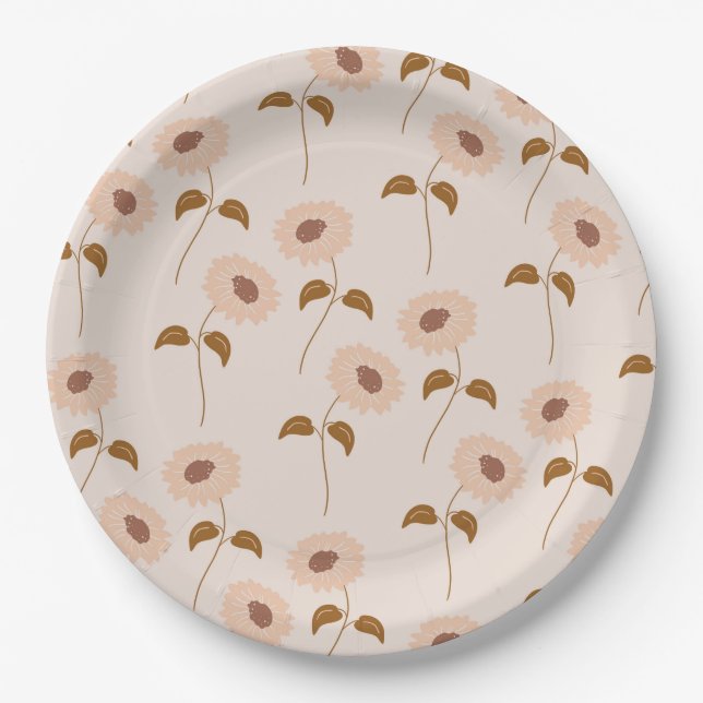 Brown Beige Retro Y2K Hippie Sunflower Pattern Paper Plate (Front)