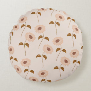 Brown Beige Retro Y2K Hippie Sunflower Pattern Round Cushion