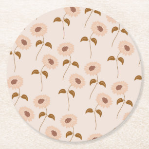 Brown Beige Retro Y2K Hippie Sunflower Pattern Round Paper Coaster