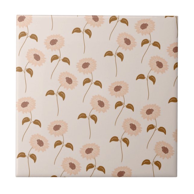 Brown Beige Retro Y2K Hippie Sunflower Pattern Tile (Front)