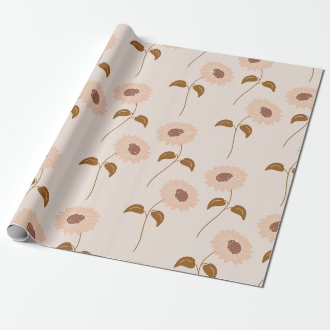 Brown Beige Retro Y2K Hippie Sunflower Pattern Wrapping Paper (Unrolled)