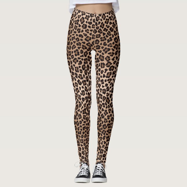 Brown Beige Safari Wild Cat Skin Leopard Pattern Leggings (Front)