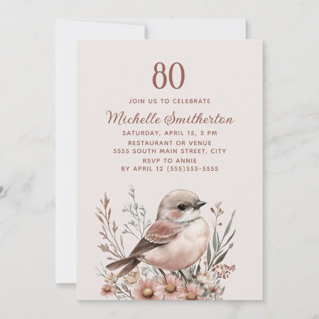 Brown Bird 80th Birthday Invitation (Front)