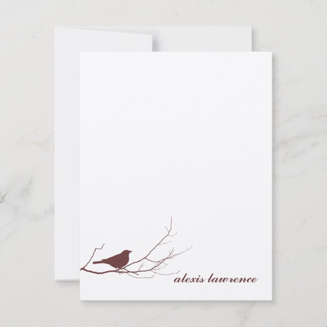 Brown bird on branch ecru thank you note card (Front)