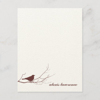 Brown bird on branch ecru thank you note card