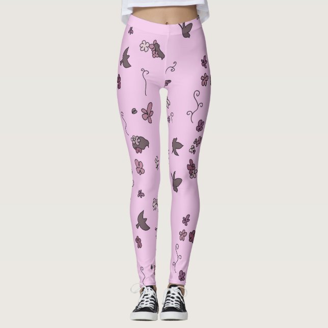 Brown birds flowers pink leggings (Front)