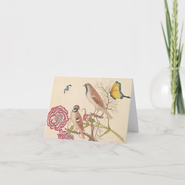 Brown birds with carnations and butterflies note card (Front)