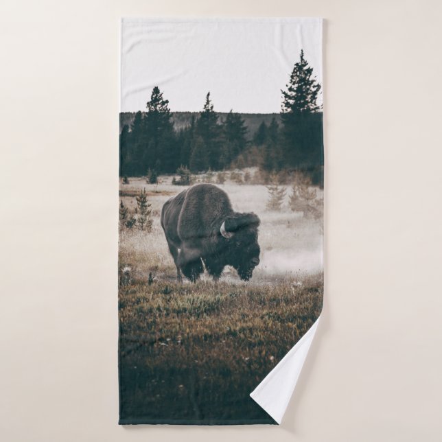 BROWN BISON ON BROWN GRASS FIELD DURING DAYTIME BATH TOWEL (Bath Towel)