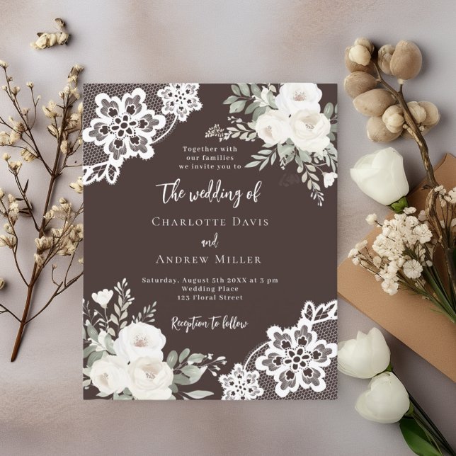 Brown bistre white florals lace wedding invitation (Creator Uploaded)