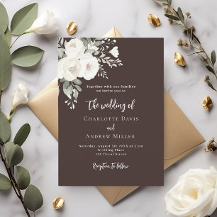 Brown bistre white roses floral wedding invitation