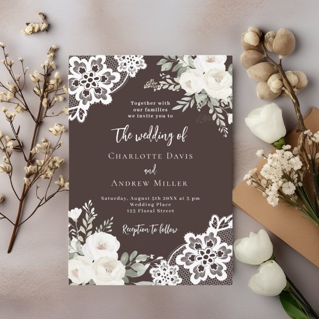 Brown bistre white roses lace wedding invitation (Creator Uploaded)