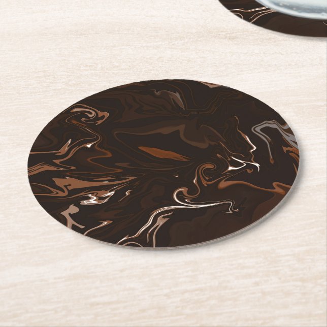 Brown, Black and Grey Swirls Round Paper Coaster (Angled)