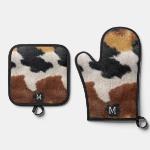 Brown black and white cowhide texture throw pillow oven mitt & pot holder set