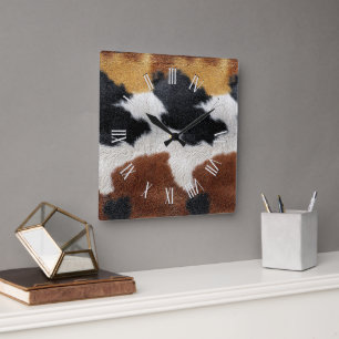 Brown black and white cowhide texture throw pillow square wall clock