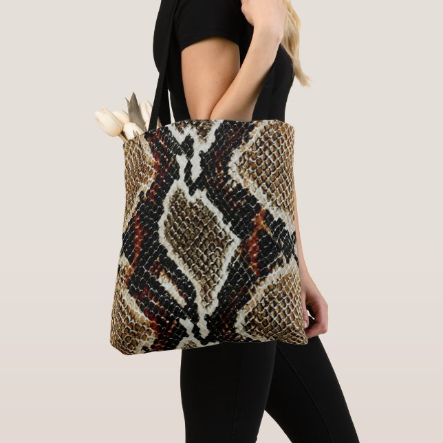 brown black beige animal print snake print tote bag (Close Up)