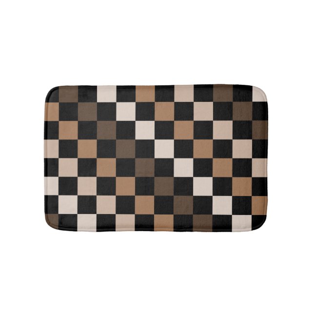 Brown Black Chequered Gingham Pattern Bath Mat (Front)