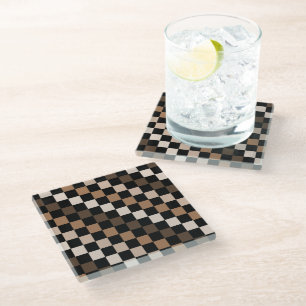 Brown Black Chequered Gingham Pattern Glass Coaster