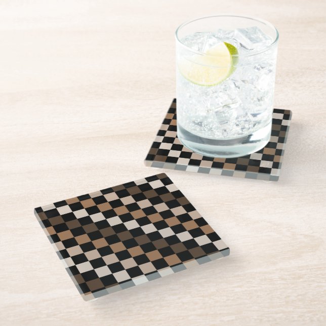Brown Black Chequered Gingham Pattern Glass Coaster (Angled)