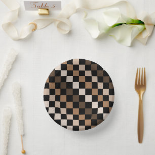 Brown Black Chequered Gingham Pattern Paper Plate