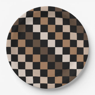 Brown Black Chequered Gingham Pattern Paper Plate